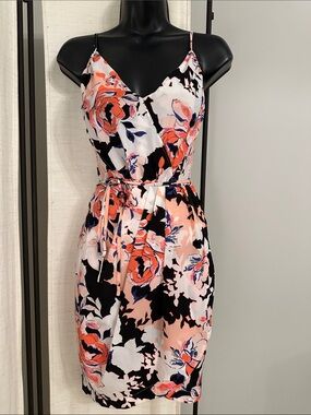 Yumi Kim Pink Black V-Cut Tie Floral Print Spaghetti Strap Mini Dress XS